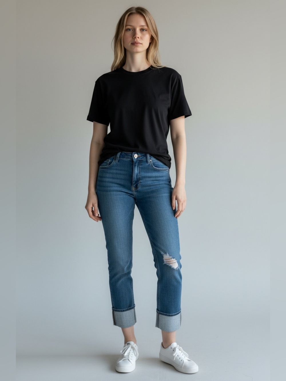 Earl Jeans Distressed Boyfriend Jeans in Medium Blue with Cuffed Hem